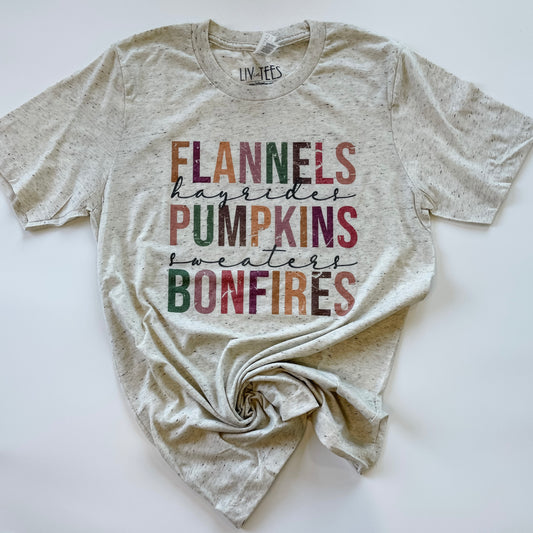 Flannels Hayrides Pumpkins Sweaters Bonfires Tee